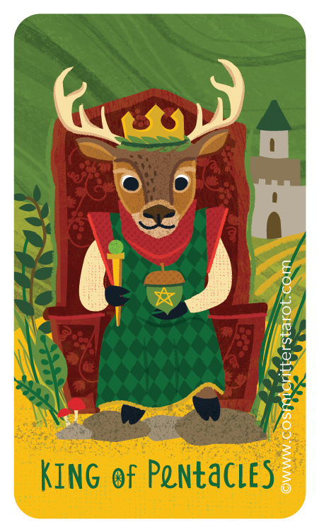 Cartoon deer dressed as a king, sitting on a throne, holding a scepter and a cup with a pentagram, wearing a crown, with a castle and greenery in the background, captioned 'King of Pentacles'.