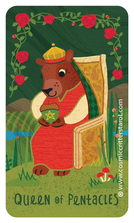 A cartoon bear dressed as a queen with a crown and cape, holding a pentacle, standing in front of a door frame surrounded by roses and nature, labeled 'Queen of Pentacles'.