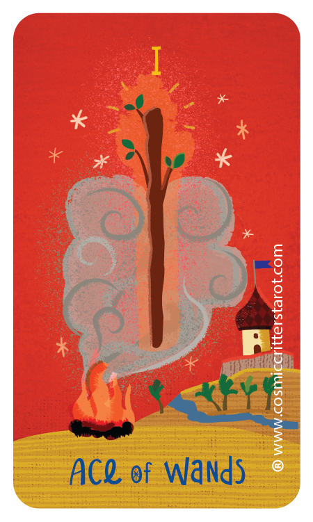 A stylized illustration of a sacred fire with smoke rising from it, a tall staff with a leaf on top, and a small house with a flag on the roof, set against a red background with stars. The text 'I Ace of Wands' and the year 2025 are at the bottom.