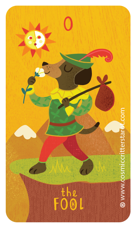 Cartoon illustration of a dog dressed as a woodsman, wearing a hat with a feather, holding a flower in one paw and a stick with a bag tied to it, standing on a tree stump with mountains in the background, a smiling sun in the sky, and the text 'the FOOL' at the bottom.