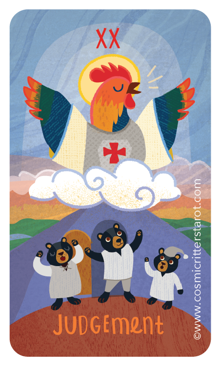 An illustration of a large, colorful rooster with outstretched wings inside a cloud, with a halo and the letters "XX" above it. Below, four bears wearing white medical coats stand on a mountain, with the word "Judgement" at the bottom.