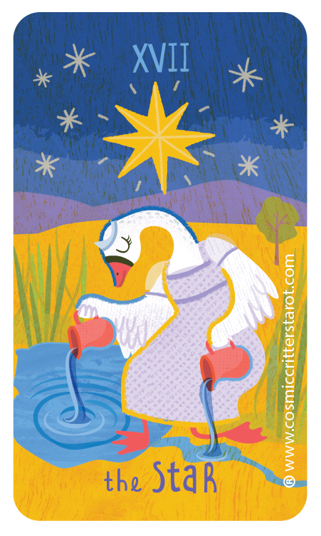 Cartoon illustration of a mother swan feeding her duckling by a pond at night, with a large star and night sky in the background, and grass and a tree in the landscape.