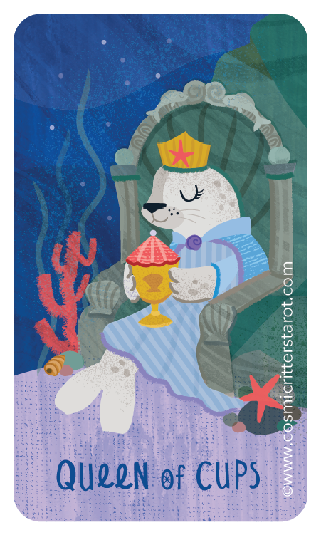Illustration of a seal in a queen's crown and robe sitting on a throne holding a golden cup with a red and pink top, surrounded by ocean and coral, with the text 'Queen of Cups' and the year 2025.