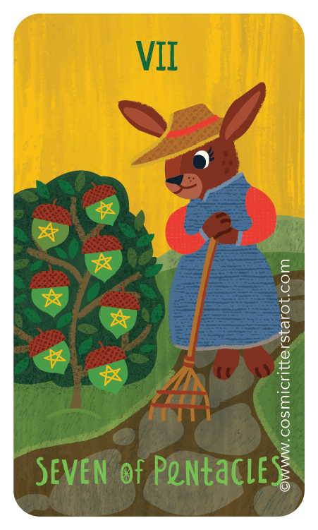 A cartoon rabbit wearing a straw hat, red sleeves, and a blue apron, standing on a grassy path next to a fruit tree decorated with golden pentacle symbols. The number VII and the text 'Seven of Pentacles' are displayed at the top and bottom of the card.