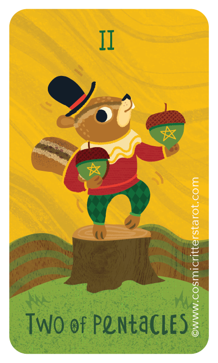 Illustration of a mouse dressed as a king, standing on a tree stump, holding two acorns with green star designs, wearing a red coat, green checkered pants, a white ruffled collar, and a black top hat with a red band, against a yellow background with a Roman numeral II at the top and the text 'Two of Pentacles' at the bottom, along with a copyright mark and the year 2025.