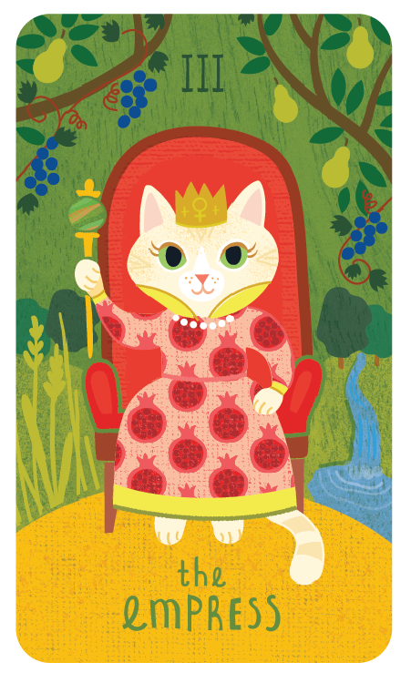A cartoon cat dressed as an empress sitting on a throne in a green forest with fruit trees and a river. The cat wears a crown, a pink dress with pomegranate patterns, and holds a scepter. The card is labeled "the Empress" with a Roman numeral III at the top.