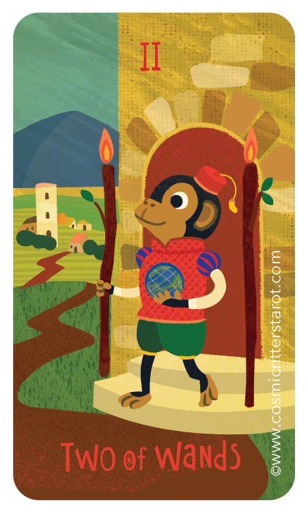 A whimsical illustration of a monkey dressed as a king, holding a globe, standing in front of a castle doorway with torches, with a landscape and mountains in the background. The card shows the Roman numeral II and the text "Two of Wands."