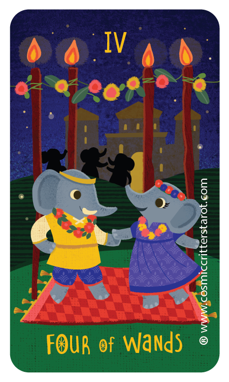 Illustration of two dancing elephants dressed in colorful clothing, holding hands on a red rug. In the background, there are four lit candles, a string of flowers hanging overhead, and silhouettes of buildings against a dark night sky. The card text reads "Four of Wands 2025."