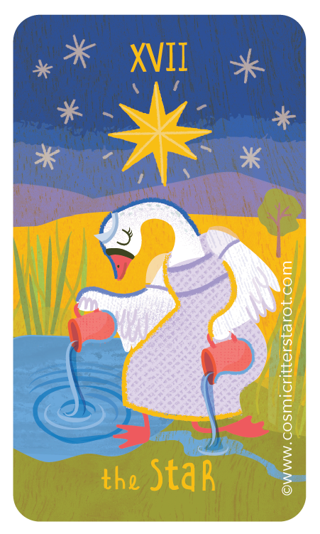 Cartoon illustration of a mother swan feeding her duckling by a pond at night, with a large star and night sky in the background, and grass and a tree in the landscape.