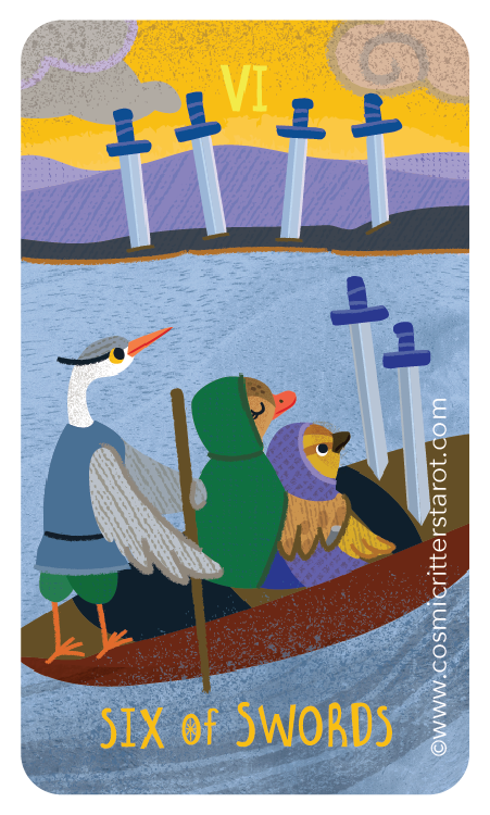 Four animals in a boat with six swords extended upward on the water. The animals include a heron, a duck, a lion, and a toucan. The background features clouds and a landscape with hills and sky in purple and yellow. The card is labeled 'Six of Swords' with the Roman numeral 'VI' at the top.