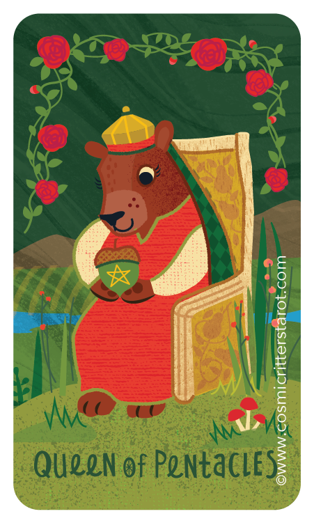 A cartoon bear dressed as a queen with a crown and cape, holding a pentacle, standing in front of a door frame surrounded by roses and nature, labeled 'Queen of Pentacles'.