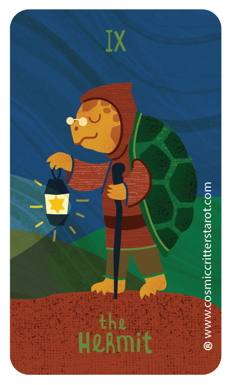 A cartoon turtle dressed as a hermit, wearing a brown hooded cloak and carrying a walking stick, holding a lantern with a star on it, standing on red ground, with green hills and a blue sky in the background, the text 'TX the Hermit' is at the top and bottom of the image.