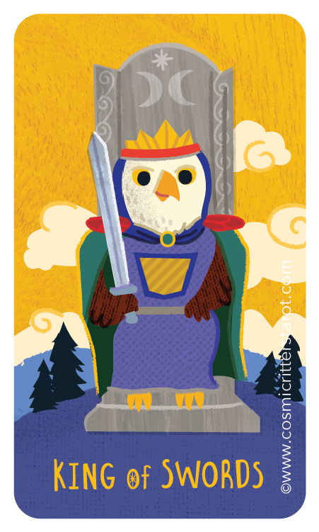 Cartoon owl dressed as a king holding a sword, sitting on a stone throne with moon and star symbols, surrounded by clouds and mountains, with the text 'King of Swords' at the bottom.