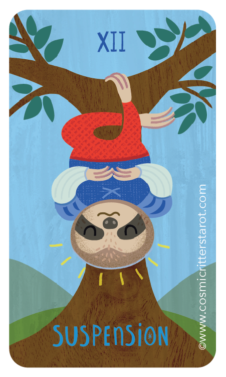 Upside-down illustration of a sloth with closed eyes and a peaceful expression, hanging from a tree branch, with the word 'SUSPENSION' at the bottom and Roman numeral XII at the top.