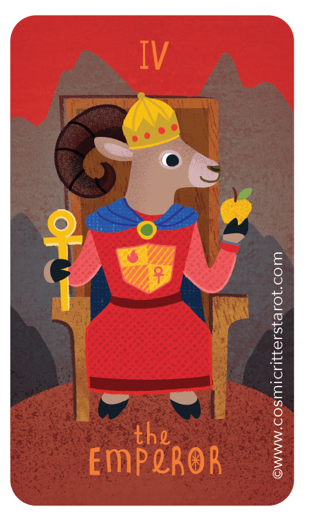 Digital illustration of a goat dressed as an emperor, sitting on a throne with mountains in the background. The goat wears a crown, blue cape, and red robe with a gold emblem, and holds an apple in one hoof and an ankh symbol in the other. The image features the text "IV" at the top and "the EMPEROR" at the bottom, along with a copyright symbol and the year 2025.