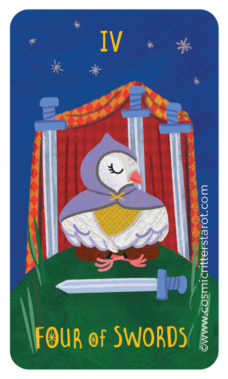 A cartoon illustration of the Four of Swords tarot card, featuring a dove wearing a gray hooded cloak and sitting on a green surface. There is a sword placed horizontally in front of it, and a red and yellow canopy behind. The background is dark blue with white stars and snowflakes, and the Roman numeral IV is at the top. The card has the words "Four of Swords" at the bottom and the year 2025 along the side.