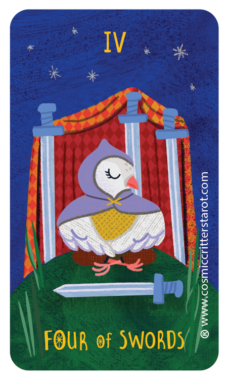 A cartoon illustration of the Four of Swords tarot card, featuring a dove wearing a gray hooded cloak and sitting on a green surface. There is a sword placed horizontally in front of it, and a red and yellow canopy behind. The background is dark blue with white stars and snowflakes, and the Roman numeral IV is at the top. The card has the words "Four of Swords" at the bottom and the year 2025 along the side.