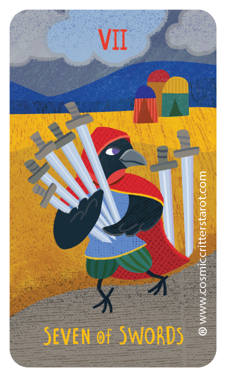 A colorful illustration of a crow wearing a red hooded cape, carrying seven swords, with three tents and mountains in the background, and a cloudy sky. The card displays the Roman numeral VII at the top and the text "SEVEN of SWORDS" at the bottom.