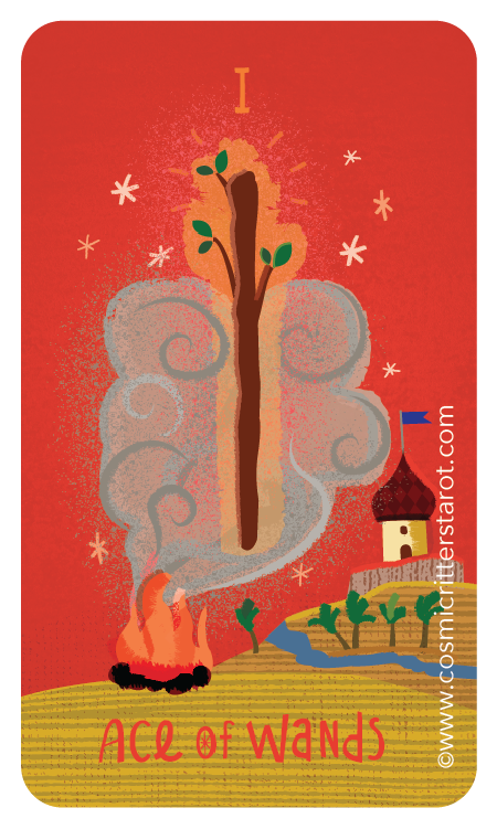 A stylized illustration of a sacred fire with smoke rising from it, a tall staff with a leaf on top, and a small house with a flag on the roof, set against a red background with stars. The text 'I Ace of Wands' and the year 2025 are at the bottom.