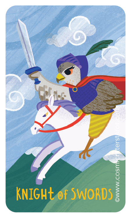Cartoon of a knightly eagle wearing a purple helmet and red cape, riding a white horse over green hills, holding a sword, with clouds in the sky, titled "Knight of Swords".