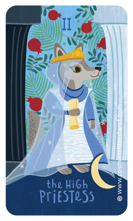 An illustration of a wolf dressed as a princess, wearing a crown and a blue gown, holding a scroll, standing in front of a background with red pomegranates, green leaves, and the number two. The scene appears mystical, with a crescent moon and a curtain on the right. The text reads 'the High Priestess' with a copyright symbol and the year 2025.