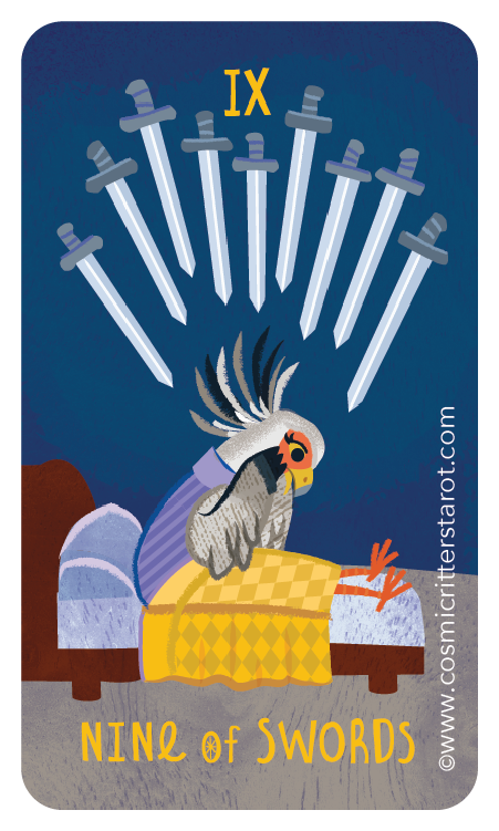 A cartoon deck of tarot cards featuring a cartoon chicken with a sad expression, sitting in bed with multiple swords pointing downwards above its head, labeled IX and Nine of Swords.