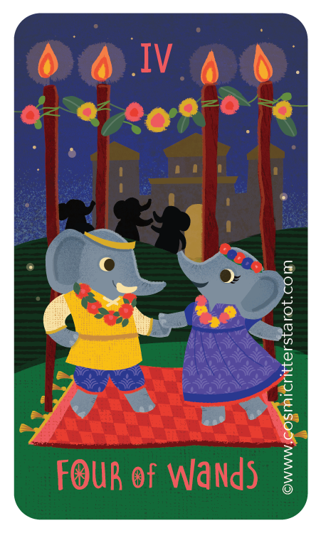 Illustration of two dancing elephants dressed in colorful clothing, holding hands on a red rug. In the background, there are four lit candles, a string of flowers hanging overhead, and silhouettes of buildings against a dark night sky. The card text reads "Four of Wands 2025."