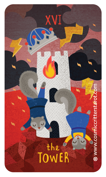 Illustration of a castle tower with flames and storm clouds, two raccoons in blue and yellow outfits lying at the base, lightning bolts, and the text 'XVI the Tower 2025'.