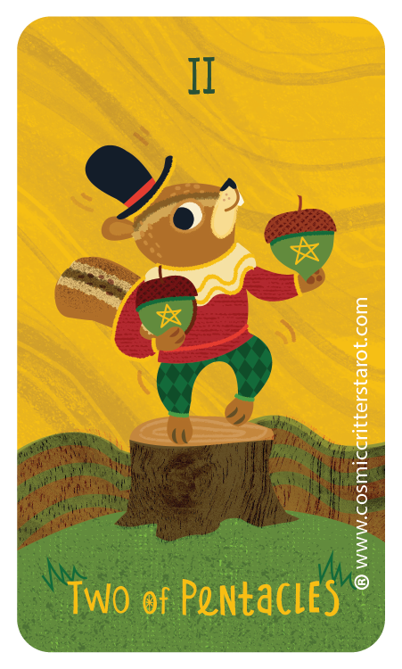 Illustration of a mouse dressed as a king, standing on a tree stump, holding two acorns with green star designs, wearing a red coat, green checkered pants, a white ruffled collar, and a black top hat with a red band, against a yellow background with a Roman numeral II at the top and the text 'Two of Pentacles' at the bottom, along with a copyright mark and the year 2025.