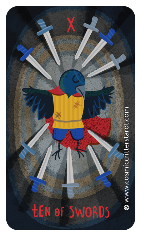 A cartoon illustration of a bird dressed as a superhero, wearing a yellow shirt and red cape, surrounded by ten syringes pointing toward it in a circle with one syringe marked with an X. The words "Ten of Swords" are at the bottom.