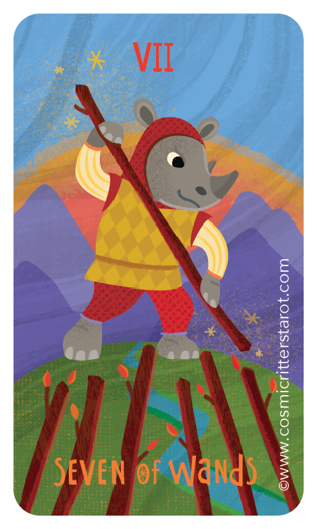 A cartoon rhinoceros wearing a yellow vest, red pants, and a red hat, holding a large stick, standing on a green hillside with red wands planted in the ground, mountains and a colorful sky in the background, and the Roman numeral VII at the top, with "Seven of Wands" written at the bottom.