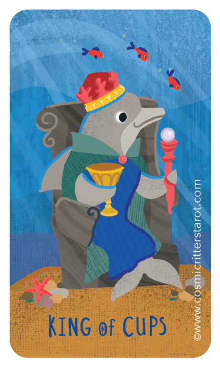 A cartoon fish dressed as a king, sitting on a throne underwater, holding a goblet in one fin and a scepter in the other. There are small fish swimming above, and seashells and starfish on the sand below. The text reads 'KING of CUPS'.
