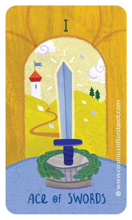 Illustration of a sword in a stone with a yellow background and a window showing a landscape with a castle, a flag, trees, and clouds. Text reads 'I' at the top and 'Ace of Swords' at the bottom.