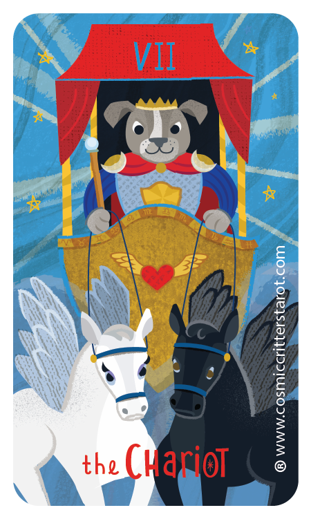 A cartoon illustration of a dog dressed as a king in a chariot with two winged horses, one white and one black, against a blue background with stars.