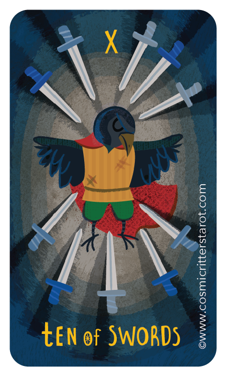 A cartoon illustration of a bird dressed as a superhero, wearing a yellow shirt and red cape, surrounded by ten syringes pointing toward it in a circle with one syringe marked with an X. The words "Ten of Swords" are at the bottom.