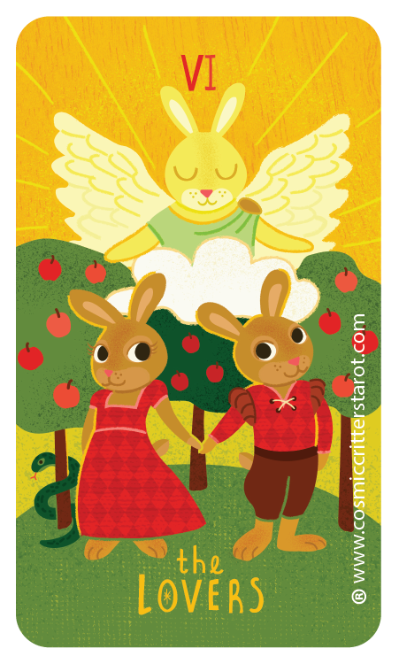 Illustration of a bunny with angel wings and a halo flying above two rabbits holding hands. The bunny is surrounded by apple trees with red apples and has the Roman numeral VI above its head. The two rabbits, one female in a red dress and one male in a red hoodie and brown shorts, are standing on grass with a green snake nearby. The text 'the Lovers' is at the bottom, indicating a tarot card theme.