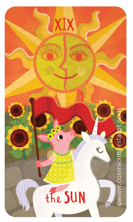 Cartoon of a sun with a face, sun rays in orange and yellow, and the Roman numeral XIX. A pig dressed as a princess with a flower crown and a yellow dress, riding a white unicorn with a red saddle and the words "the SUN" on its side. Sunflowers and hills in the background.
