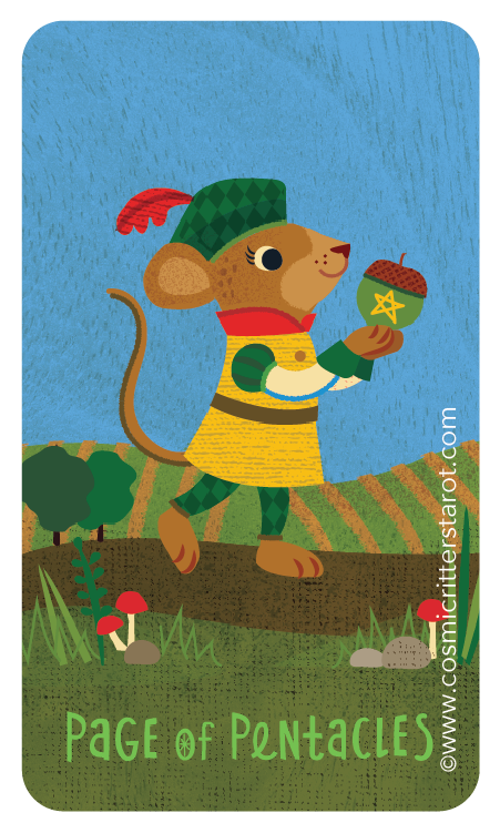 A colorful illustration of a mouse in a Robin Hood costume holding a cup with a star on it, standing in a whimsical outdoor scene with trees, mushrooms, and rolling hills, with the text "Page of Pentacles" at the bottom.