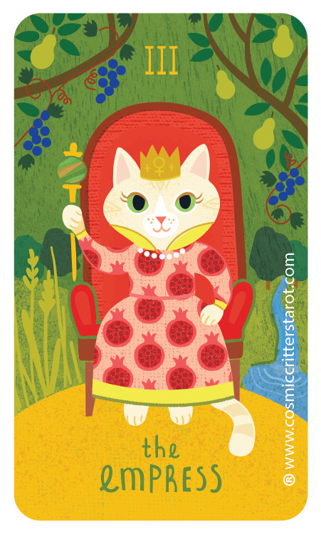 A cartoon cat dressed as an empress sitting on a throne in a green forest with fruit trees and a river. The cat wears a crown, a pink dress with pomegranate patterns, and holds a scepter. The card is labeled "the Empress" with a Roman numeral III at the top.