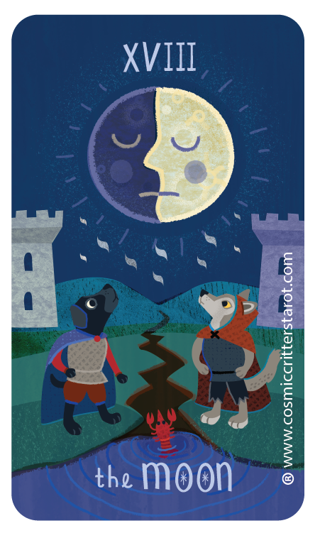 Illustration of a moon with a face, flanked by two castles, with two anthropomorphic animals dressed as knights looking up at it. The moon is half dark, half light, and the scene suggests a fantasy or storybook theme.