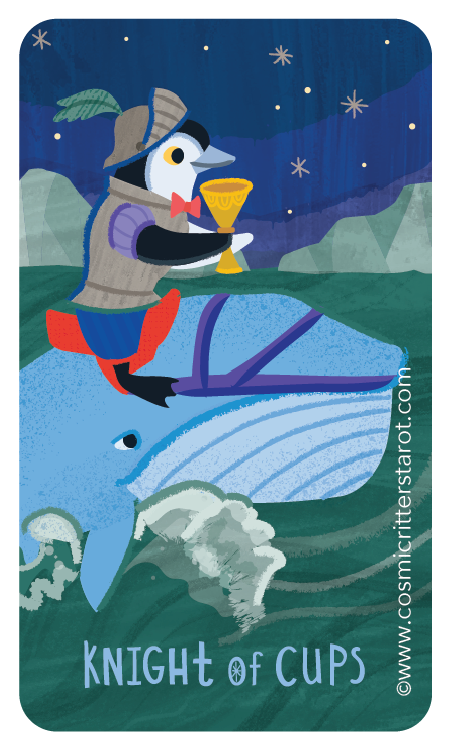 Cartoon penguin dressed as a knight with a feathered hat, red bow tie, and armor, sitting on a blue whale and holding a golden cup under a starry night sky. The words "Knight of Cups" are at the bottom.