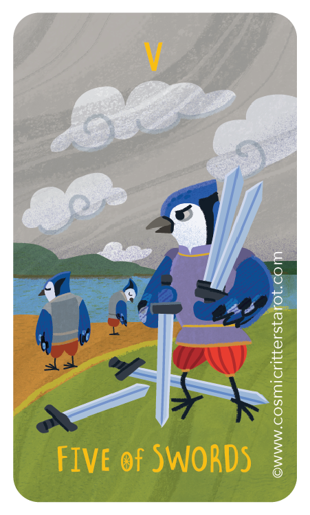 Illustration of a blue and white bird holding multiple swords on a colorful outdoor landscape with clouds, water, and hills. The letter V and the text 'FIVE OF SWORDS' are present.