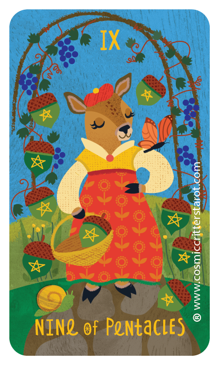 Colorful illustration of a deer wearing a red dress with yellow sleeves and a yellow collar, holding a butterfly net and a basket, standing among green grass. The scene is decorated with grapevine and hanging acorns with star designs, beneath the Roman numeral IX, with a ball on the ground and the text 'NINE of PENTACLES' at the bottom.