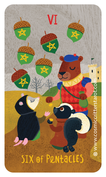 Cartoon illustration of the Six of Pentacles tarot card, featuring a bear and two animals, with acorns falling from the sky, and a castle in the background.