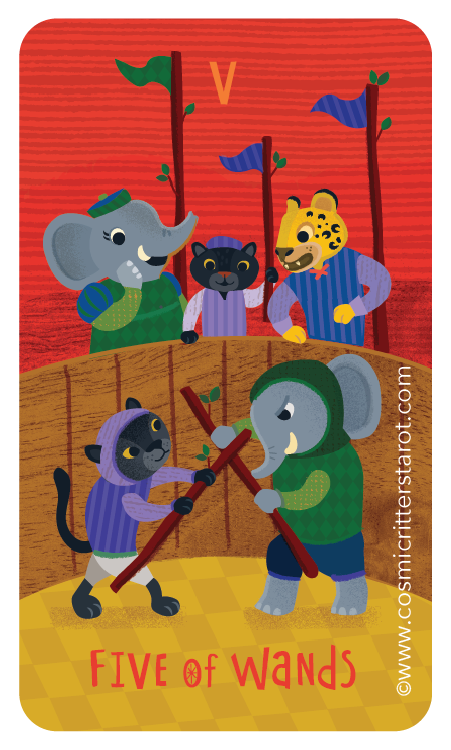 Illustration of five cartoon animals at a circus, with an elephant, leopard, and three black panthers with colored flags in the background. The animals are engaging in a playful sword fight. The text reads "FIVE of WANDS."