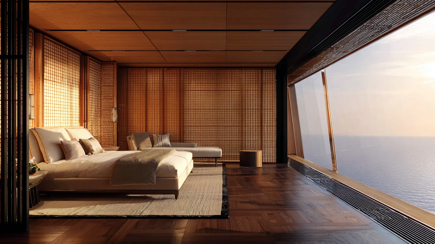 Luxury bedroom with large bed, pillows, and a chaise lounge, featuring wooden panel accents and a large window overlooking the ocean at sunset.