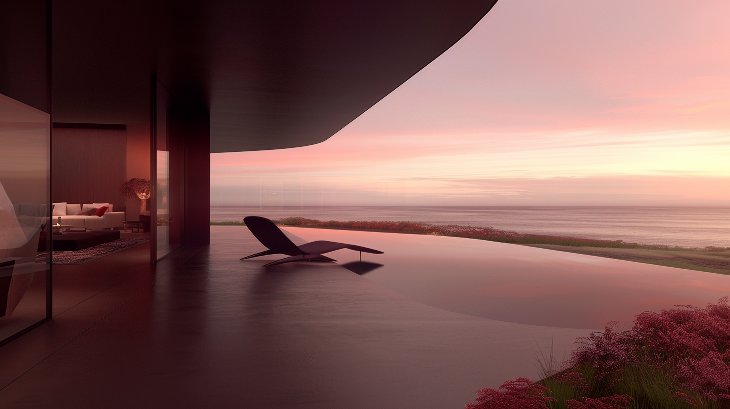 Modern balcony overlooking ocean at sunset with a lounge chair and interior view of a living room.