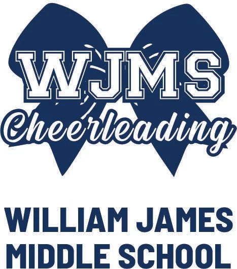 WJMS Cheerleading logo with a blue bow and the text 'William James Middle School'