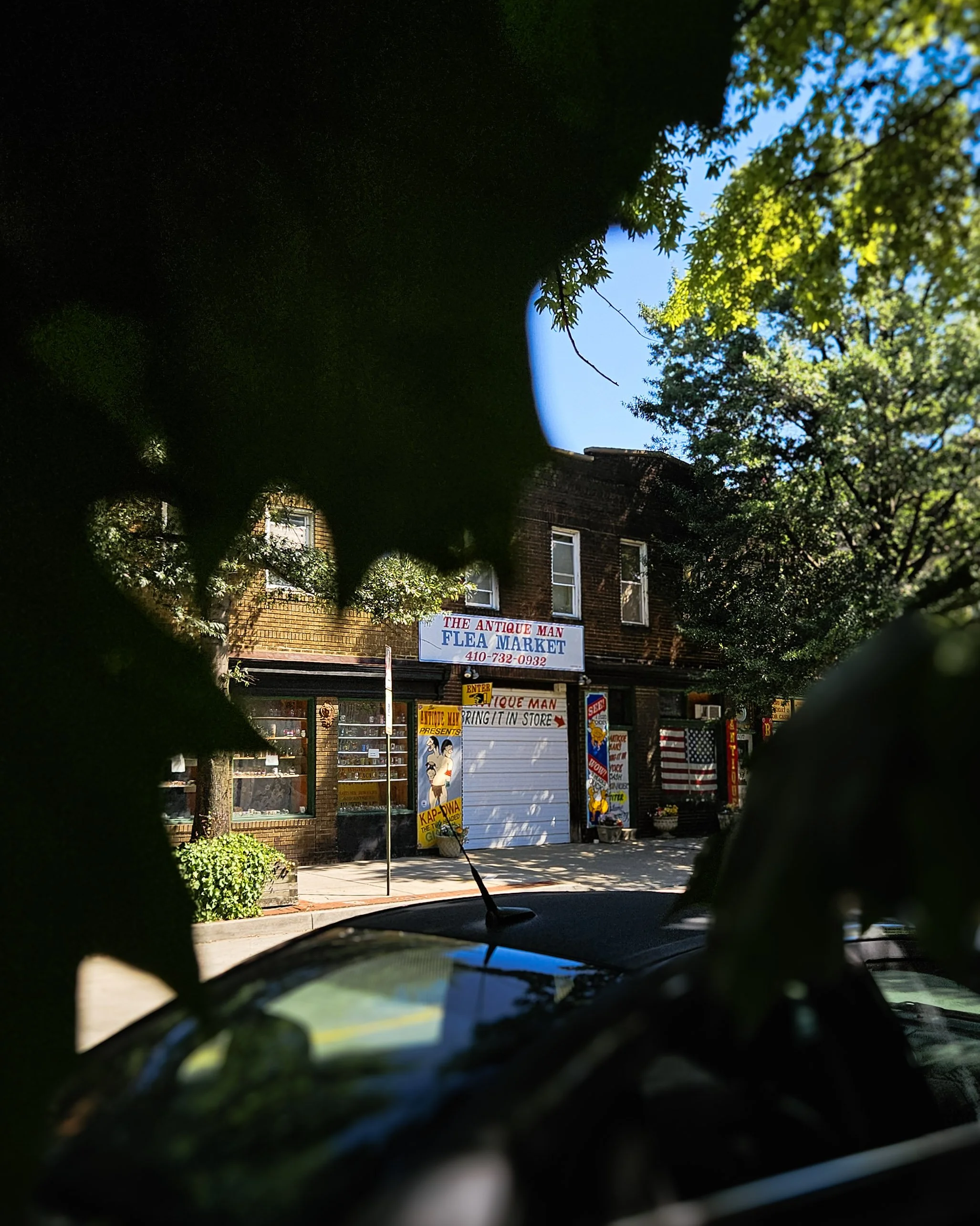 View of a storefront called 'The Antique Man Flea Market' from behind a car and leafy branches, with signage indicating the store offers gifts and the shop is open.