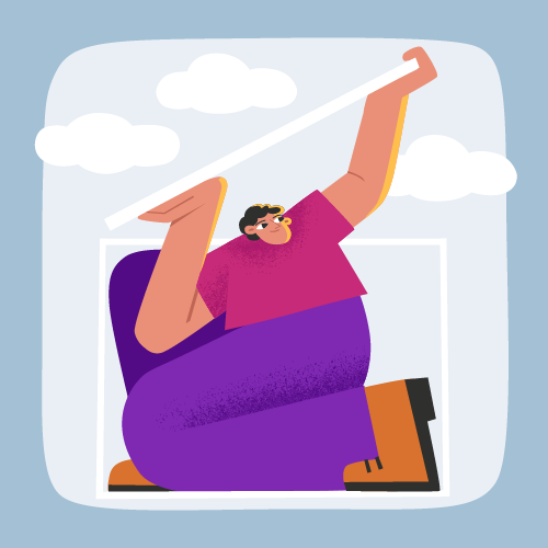 Zeichnung eines dicken Mannes, der eine lange Linie mit einem Lineal hält, vor einem Fenster mit Wolken im Himmel.